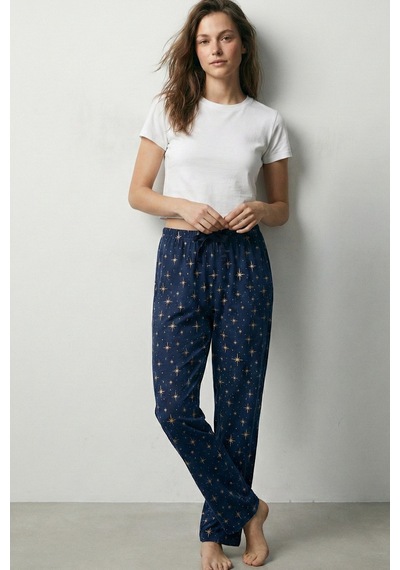 Elemge %100 Pamuk Desenli Kadın Pijama Altı Interlok Kumaş Rahat Kalıp İndigo Cepsiz Kurdele Yıldız Baskı