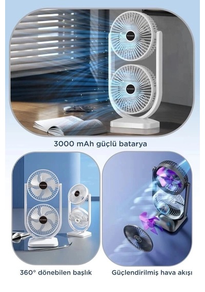 Premium Torima Şarjlı Çift Başlıklı Masaüstü Vantilatörü F22 Siyah Cihaz Bireysel Fonksiyonel