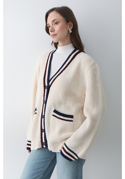Laluvia Krem - Bordo Renkli Cepli Hırka - 241143 Krem