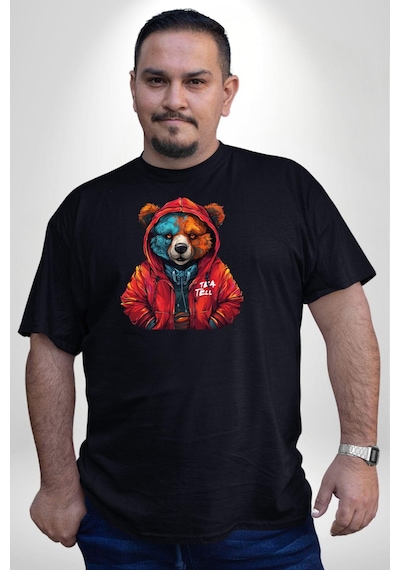 Angemiel Kırmızı Hoodie Ayı Siyah Büyük Beden Erkek Kadın Unisex Basic Ön Baskılı Tişört Siyah