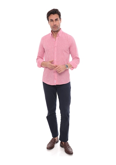 Slim Fit Uzun Kol Yaka Düğmeli Nefes Alan Keten Hediye Kutulu Erkek Gömlek Fs-004548 - Yavruağzı-3226 Kırmızı - Turuncu