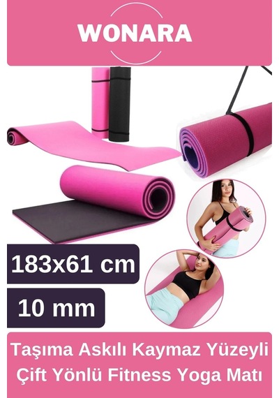 Pratik Taşıma Askılı Kaymaz Yüzeyli Çift Yönlü Fitness Yoga Matı Kamp Çadır Spor Minderi 183x61 Cm Pembe