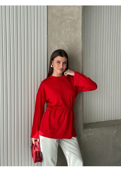 Trend Paris Bisiklet Yaka Yan Yırtmaçlı Bağcıklı Tunik Kırmızı