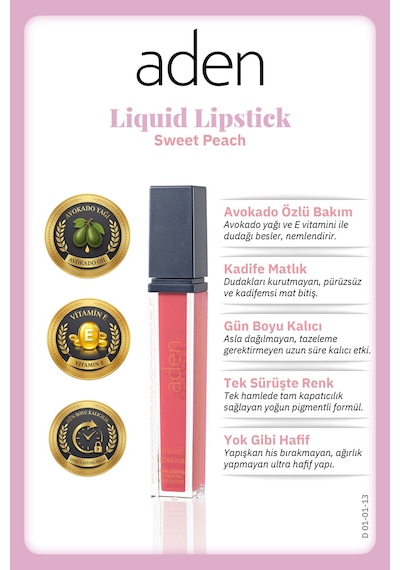 Aden Liquid Lipstick - Likit Ruj 13 Sweet Peach Tatlı Şeftali Çok Renkli