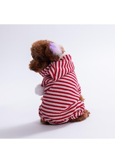 Elfstripe Hood Kırmızı Çizgili Şapkalı Triko Tulum Yılbaşı Noel Köpek Kıyafeti Kedi Kıyafeti Köpek Tulumu