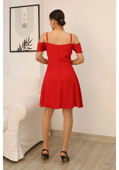 Lodmela Drape Detaylı Askılı Midi Elbise 2380-kırmızı Kırmızı