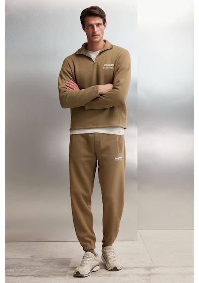 Grimelange Halden  Erkek Içi Polarlı Dik Yaka Yarım Fermuarlı Baskı Detaylı Regular Haki Sweatshirt