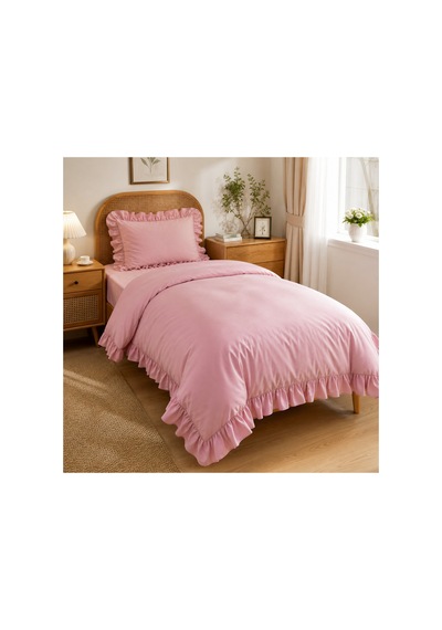 Fırfırlı Nevresim Takımı Pudra Pembe Tek Kişilik 2 Parça 160 X 220 Cm