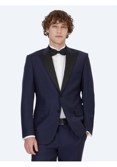 Saks Düz Slim Fit Kruvaze Yaka Dokuma Smokin Takım Elbise Saks