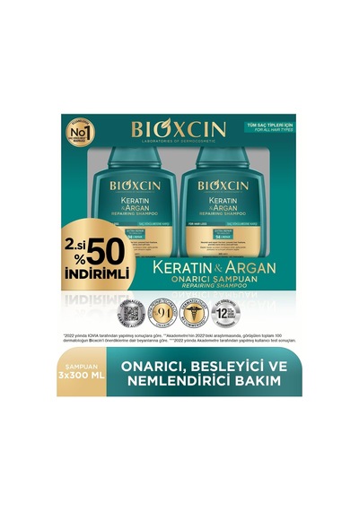 Keratin & Argan Onarıcı Şampuan 2 X 300 Ml Yıpranmış Ve Hasar Görmüş Saçlar İçin Hidrolize Keratin + A