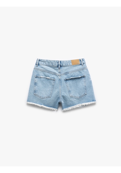 Koton Taşlı Yıpratılmış Düğmeli Cepli Mini Denim Şort Açık İndigo 5sal40071md Açık İndigo