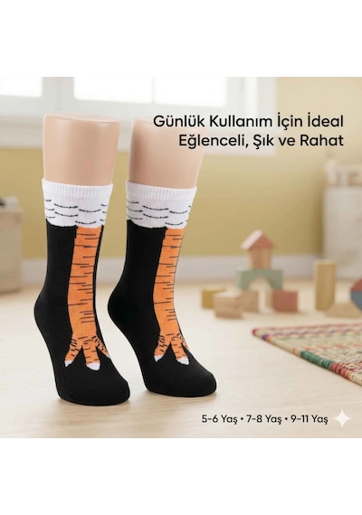 Tavuk Ayağı Desenli Çocuk Çorap Siyah Turuncu Eğlenceli Hayvan Figürlü Yumuşak Dokulu Günlük Çorap