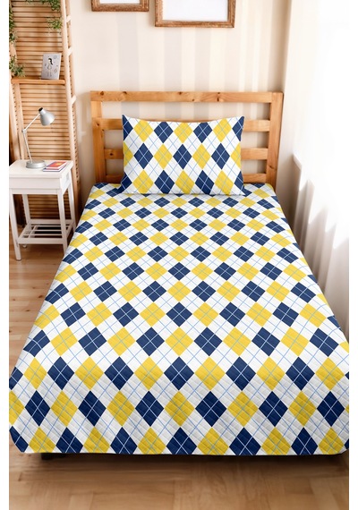 Sarı Lacivert Ekose Geometrik Genç Odası Tek Kişilik Pike Takımı - 160x220 Cm Kapitone Yatak Örtüsü Gölge Çiy Buharı
