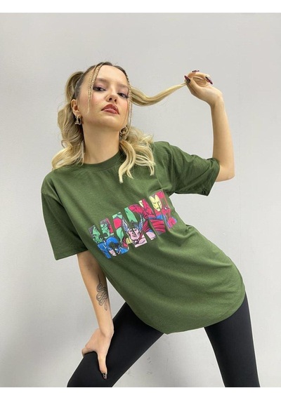 Flood Of Style Kadın Haki Marvel Baskılı Oversize Bisiklet Yaka Tshirt