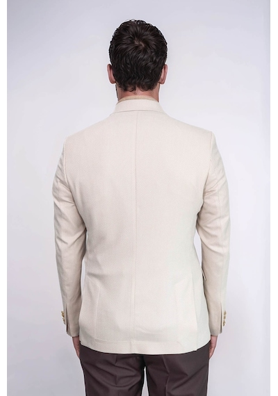 Bej Balıksırtı Desenli Gold Renk Metal Düğmeli Slim Fit Erkek Blazer Ceket - Wessi Cream