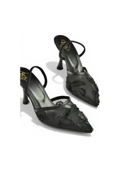 Fox Shoes Y752076315 Siyah File Boncuk İşlemeli İnce Topuklu Kadın Ayakkabı