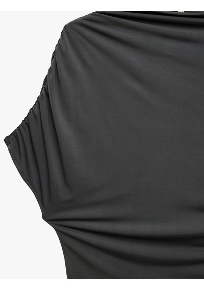Koton Drapeli Slim Fit Kısa Kollu Dik Yaka Asimetrik Bluz Antrasit 7wal60014ık