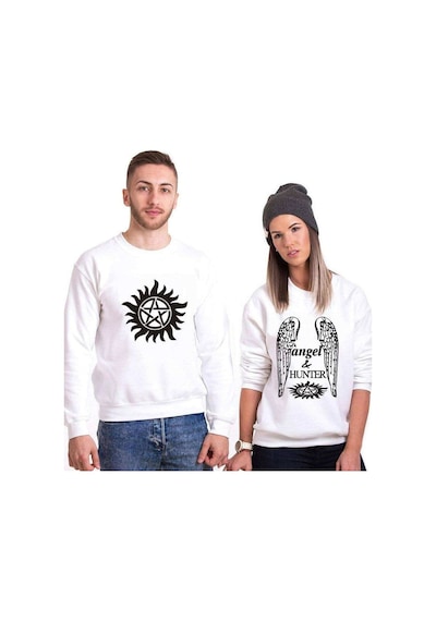 Tshirthane Angel Hunter Sevgili Kombinleri Unisex Sweatshirt Kırık Beyaz