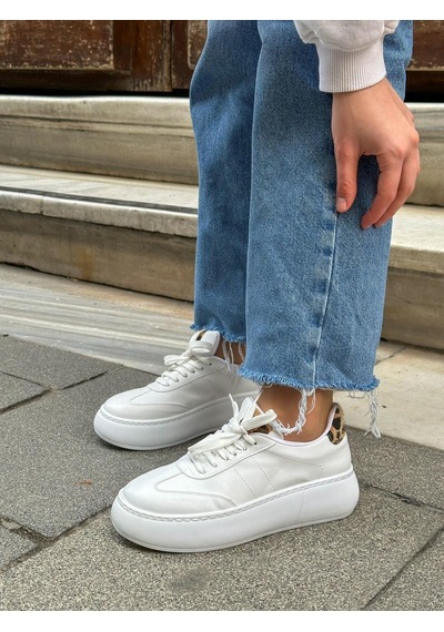 Erva'nın Butiği Beyaz Cilt Leoy Leopar Bağcıklı Kadın Sneakers-5724