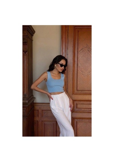 Onno Style Women Kolsuz Askılı Kare Yaka Kadın Triko Bluz Mavi