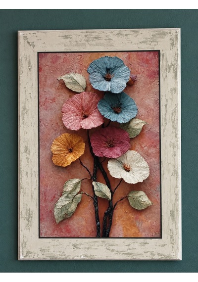 Ahşap Eskitme Çerçeve Desenli Dokulu Çiçekler Temalı Dekoratif Ahşap Tablo 52x72 Cm