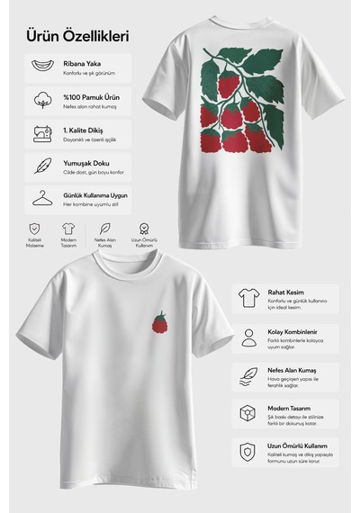 Spoyi Strawberry Tasarımlı %100 Pamuk Yarım Oversize Beyaz T-shirt