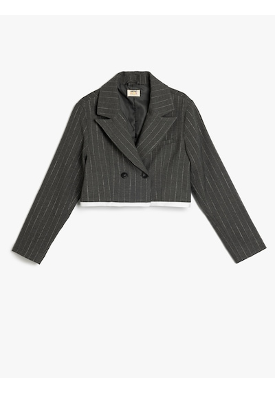 Koton Kruvaze Yaka Uzun Kollu Düğme Detaylı Crop Blazer Ceket Gri Çizgili 5skg20023aw Gri Çizgili Gri