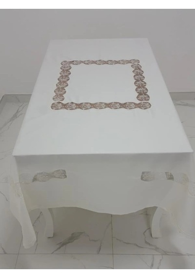 Bahar Lüx Dantelli Krep Kumaş Krem Masa Örtüsü 170x330 Cm - 1001 Çok Renkli