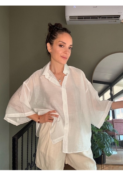 Ali Butik Beyaz Kısa Kollu Rahat Kalıp Dökümlü Gömlek