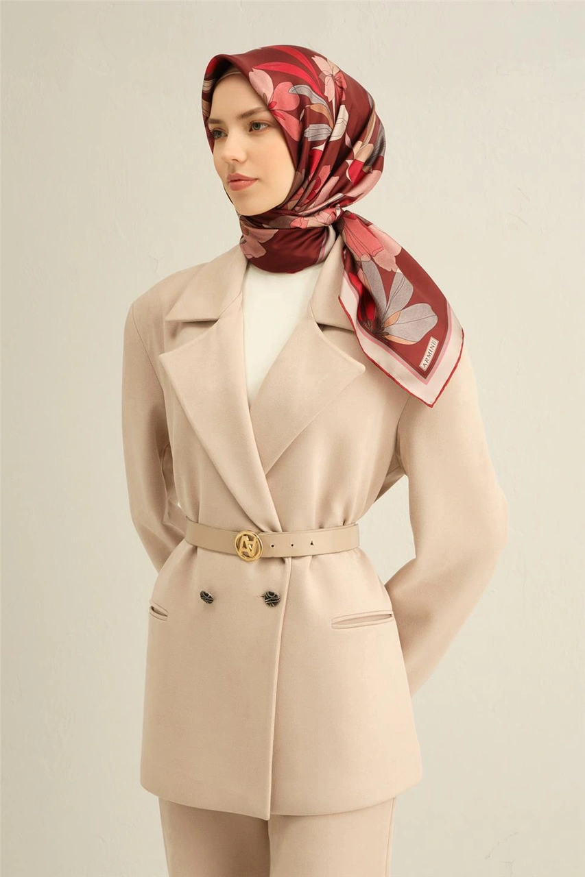 Armine Çiçek Desenli Saf İpek Sura Eşarp 9312d 85 Bordo