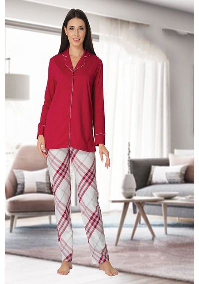 Effortt Lohusa Önden Düğmeli Pijama Takımı Kırmızı
