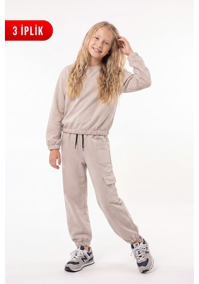 Fyk Kids 3 İplik Kız Çocuk Düz Kısa Bel Sweatshirt Bisiklet Yaka Eşofman Takımı Bej