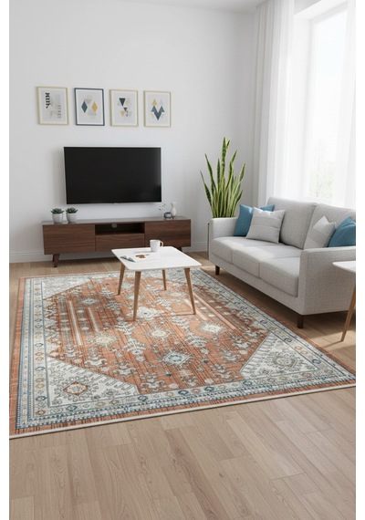 Polipropilen Polyester Pamuk Tabanlı Dokuma Halı Otantik Modern Salon Mutfak Halısı Terra Rengi N0104a Terra