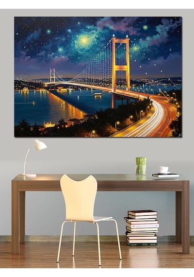 Gece Işıklarıyla İstanbul Boğaz Köprüsü Dekoratif Kanvas - Mdf Ahşap Tablo