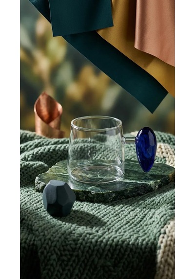 Damla Kulplu Cam Bardak Renkli Cam Kulplu Modern Kahve Ve Çay Bardağı Mavi Mt-112