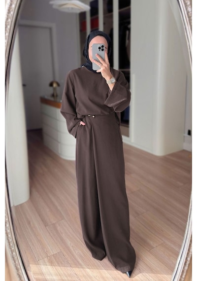 Ka Hijab Kruvaze Pantolonlu Salaş Takım - Kahverengi