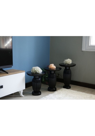Wood Wooden Ahşap 3 Lü Siyah Renk Fitilli Mantar Yan Sehpa Modern Fiskos / Çiçeklik / Zigon Sehpa Siyah