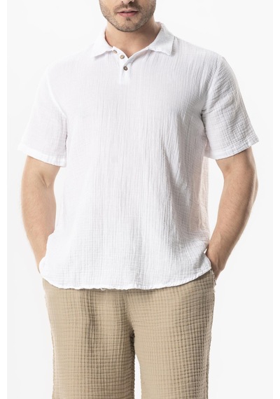 Kısa Kol Polo Yaka Müslin Yazlık Tshirt Beyaz Byz Beyaz