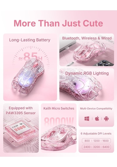 Mercury M2 Kablosuz Oyun Faresi, 26.000 Dpı, Paw3395dm Sensörlü -79g Hafif İçi Boş Tasarım -5 Programlanabilir Düğme -5 Dinamik Lightsync Rgb-şeffaf Pembe