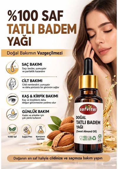 Safvital Tatlı Badem Yağı %100 Saf 20 Ml Saç Cilt Kaş Kirpik Besleyici Doğal Bakım Yağı Soğuk Pres