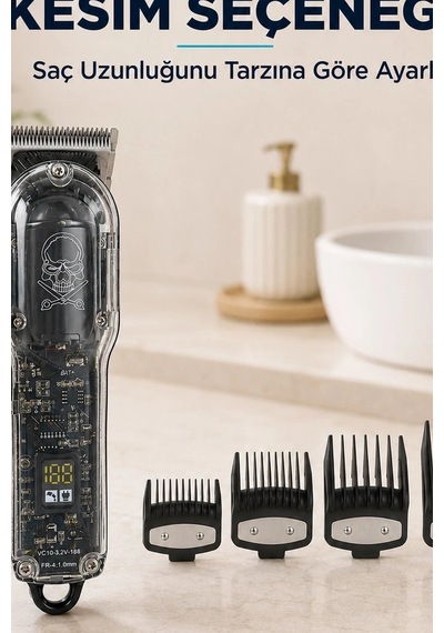 Şeffaf Gövdeli Saç Kesme Makinesi 4 Taraklı Ayarlanabilir Bıçak Lcd Ekranlı Şarjlı Bx-313657