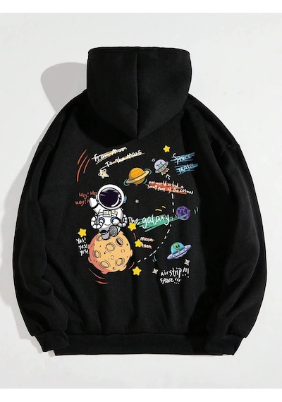 Startmore Siyah Unisex Kadın/erkek Galaxy Renkli Özel Baskılı Pamuklu Oversize Kapüşonlu