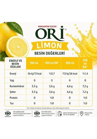 Ori Limon Aromalı Şerbet Ve Buzlaş Konsantre Şurubu 6 Kg
