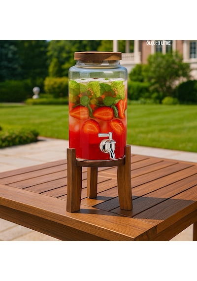 Musluklu Cam Sebil 3l Ahşap Standlı Soğuk İçecek Dispenseri Çilekli Detoks Limonata Ve Sunumluk
