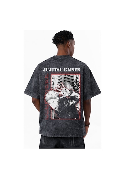 Itadori Yuji Jujutsu Kaisen Anime Baskılı Unisex Oversize Eskitme Siyah