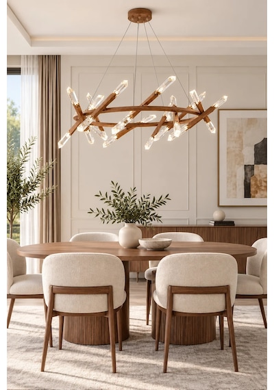 Modern Premium Ahşap Ledli Sarkıt Aydınlatma Lüks Salon Otel Yemek Odası Avizesi 55w 3000k Beyaz
