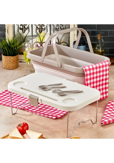 Bigmate Portatif Katlanır Piknik Seti 25lt Silikon Sepetli Masalı Piknik Sepeti Krem