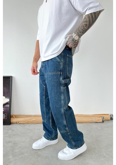 Eskitme Mavi Patch Tasarım Detaylı Ekstra Bol Baggy Pantolon