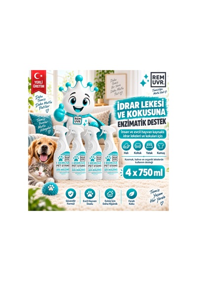 Enzimli İdrar Lekesi Ve Koku Giderici Sprey 750 Ml X 4 Adet 3 Litre Tasarruf Paketi
