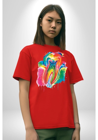 Diş Doktoru Diş Anatomisi Özel Tasarım Pamuklu Bisiklet Yaka Unisex Oversize Boyfriend Dijital Baskılı Kırmızı T-shirt Kırmızı